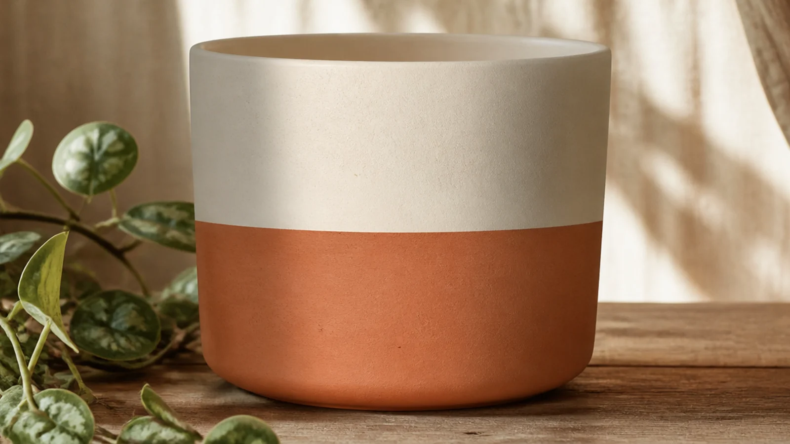 A pot split into two colors, cream on top and terracotta-clay on the bottom, divided by a clean straight line around the middle.