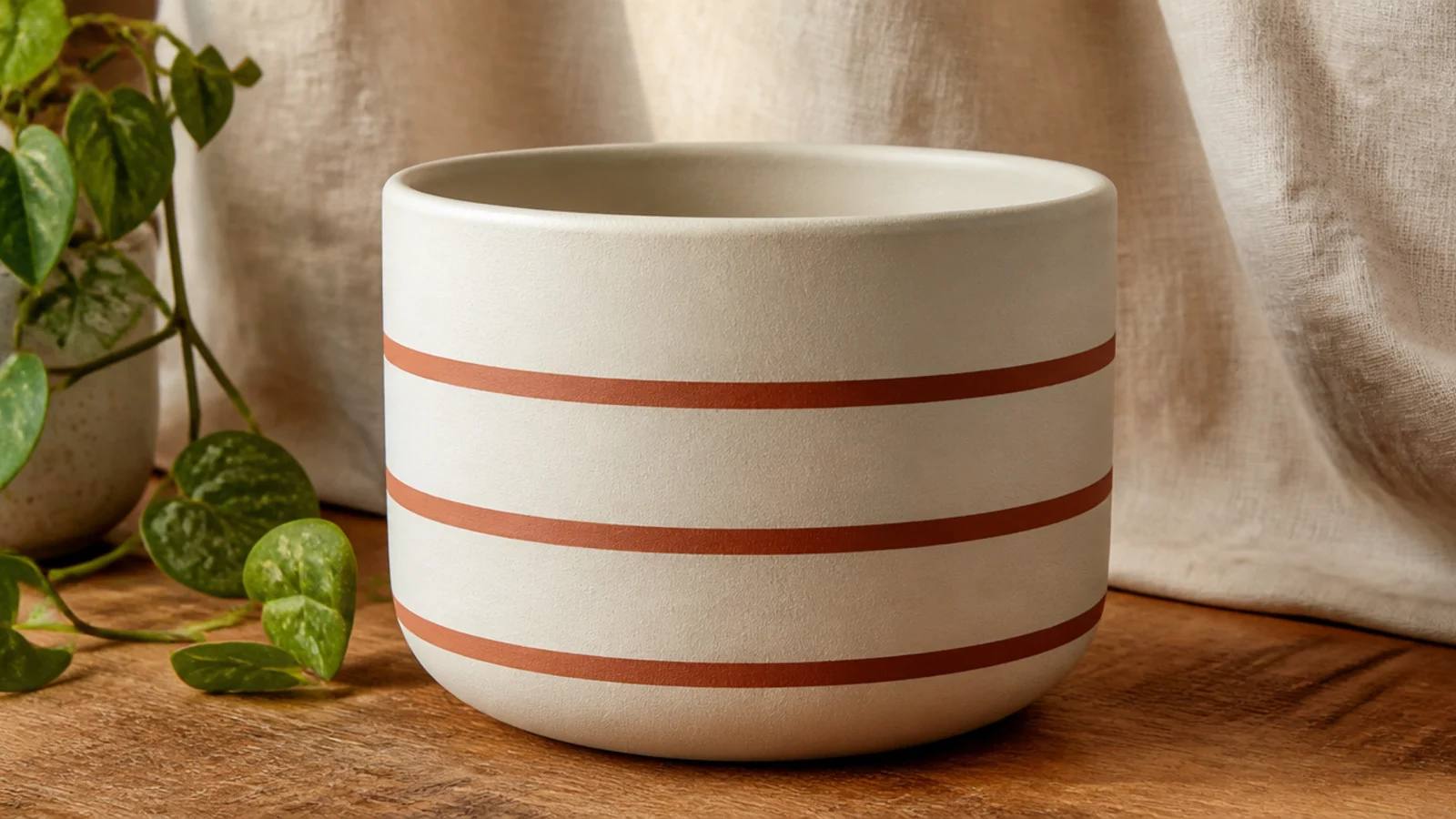 A cream pot with three evenly spaced thin terracotta stripes wrapping horizontally around the body.