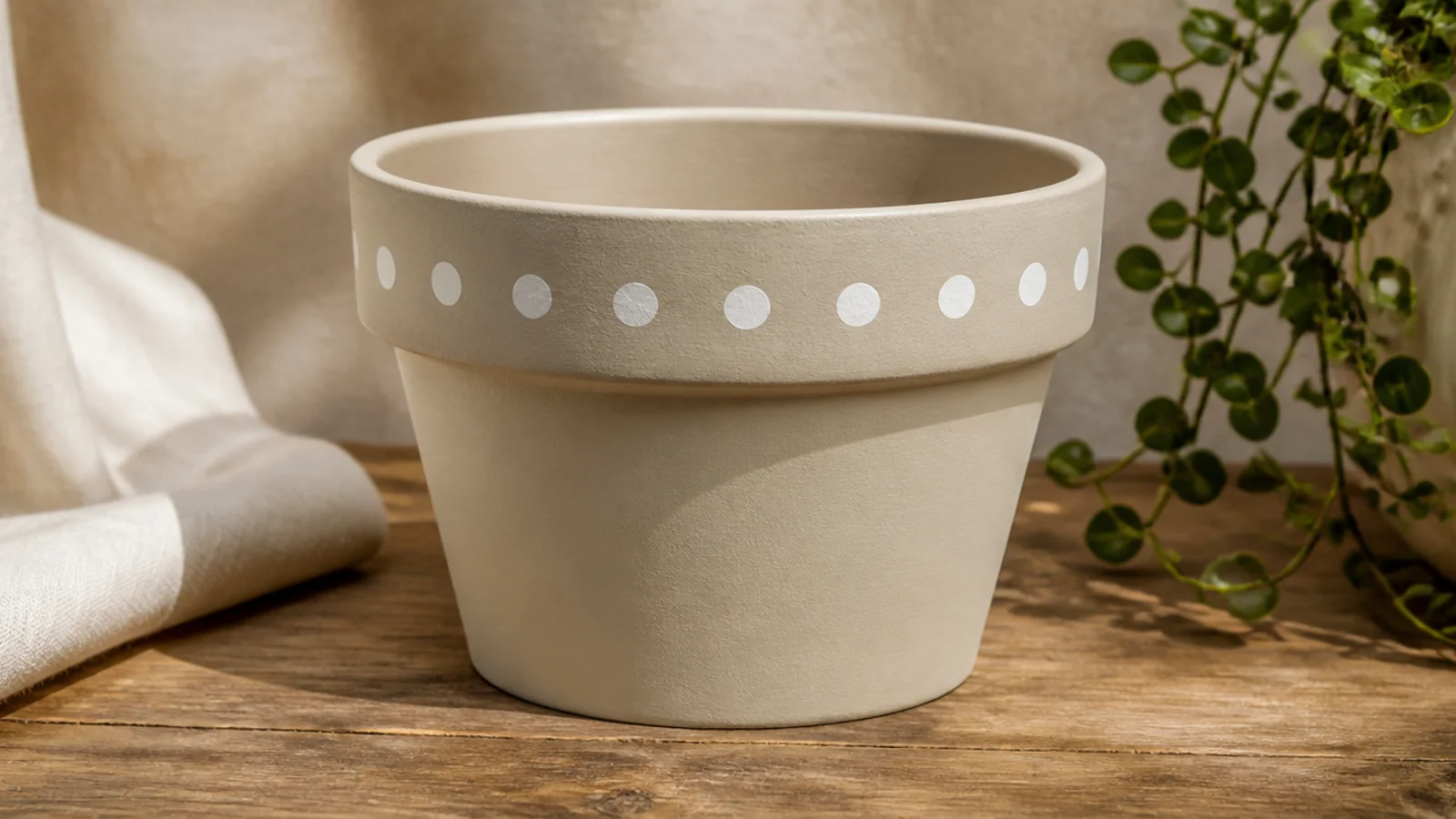 A pale pot with a single row of evenly spaced white dots running around the rim, made with uniform round dots.