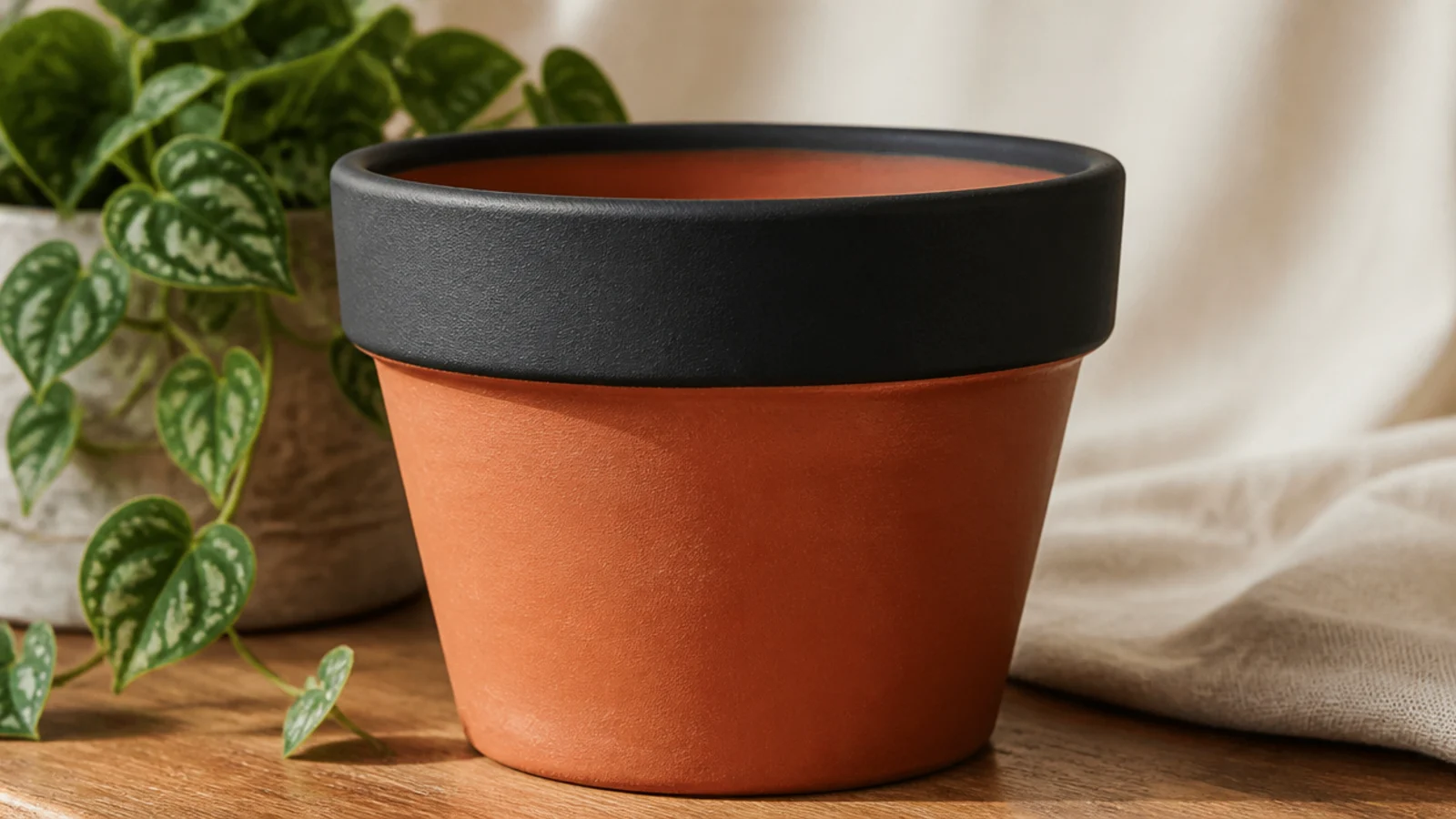 A terracotta pot with a wide band of matte black paint covering the top rim and upper inch of the pot in a clean edge.