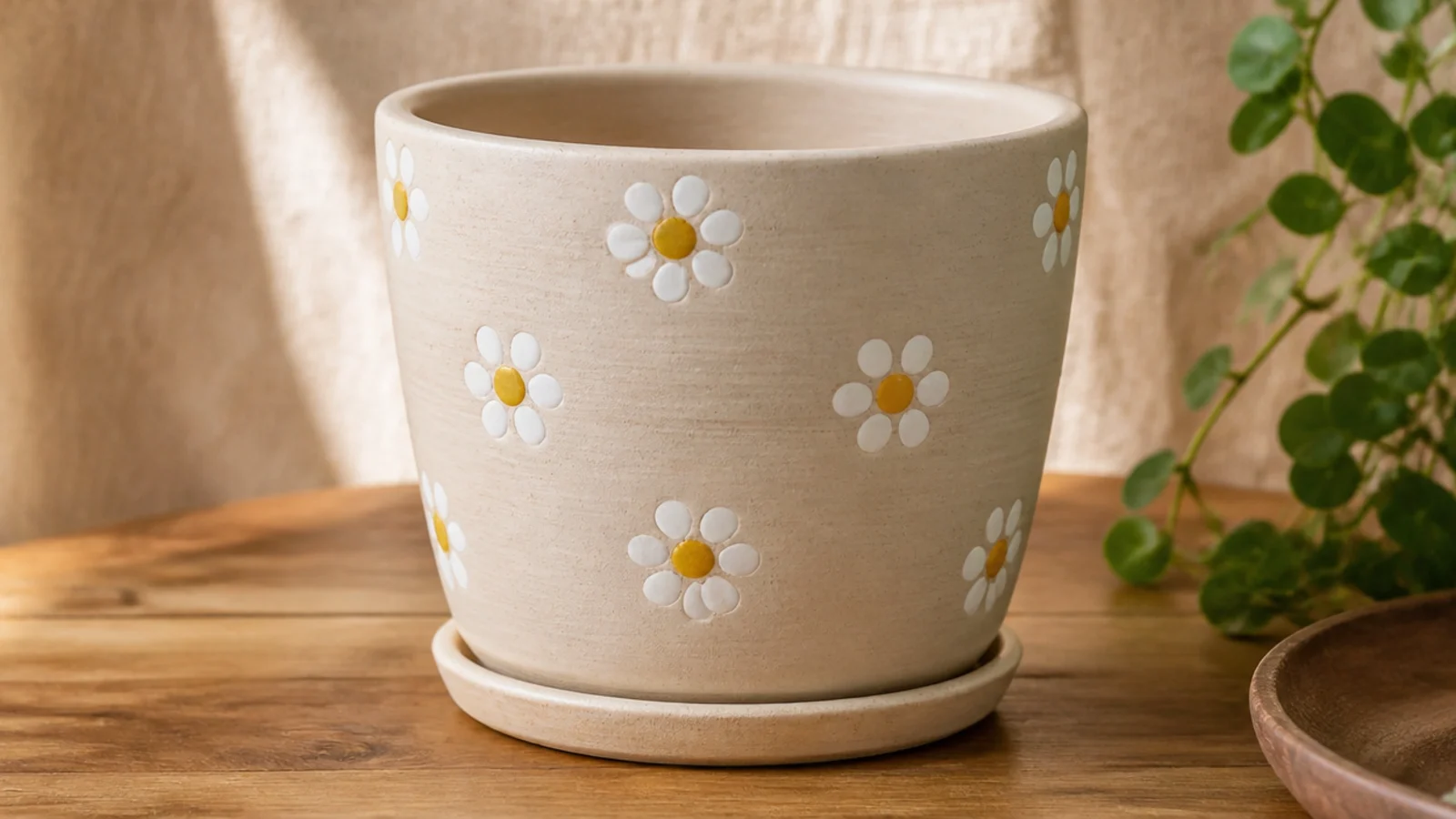 A cream pot decorated with simple five-dot daisies, each flower made of white petals around a yellow center, scattered around the body.