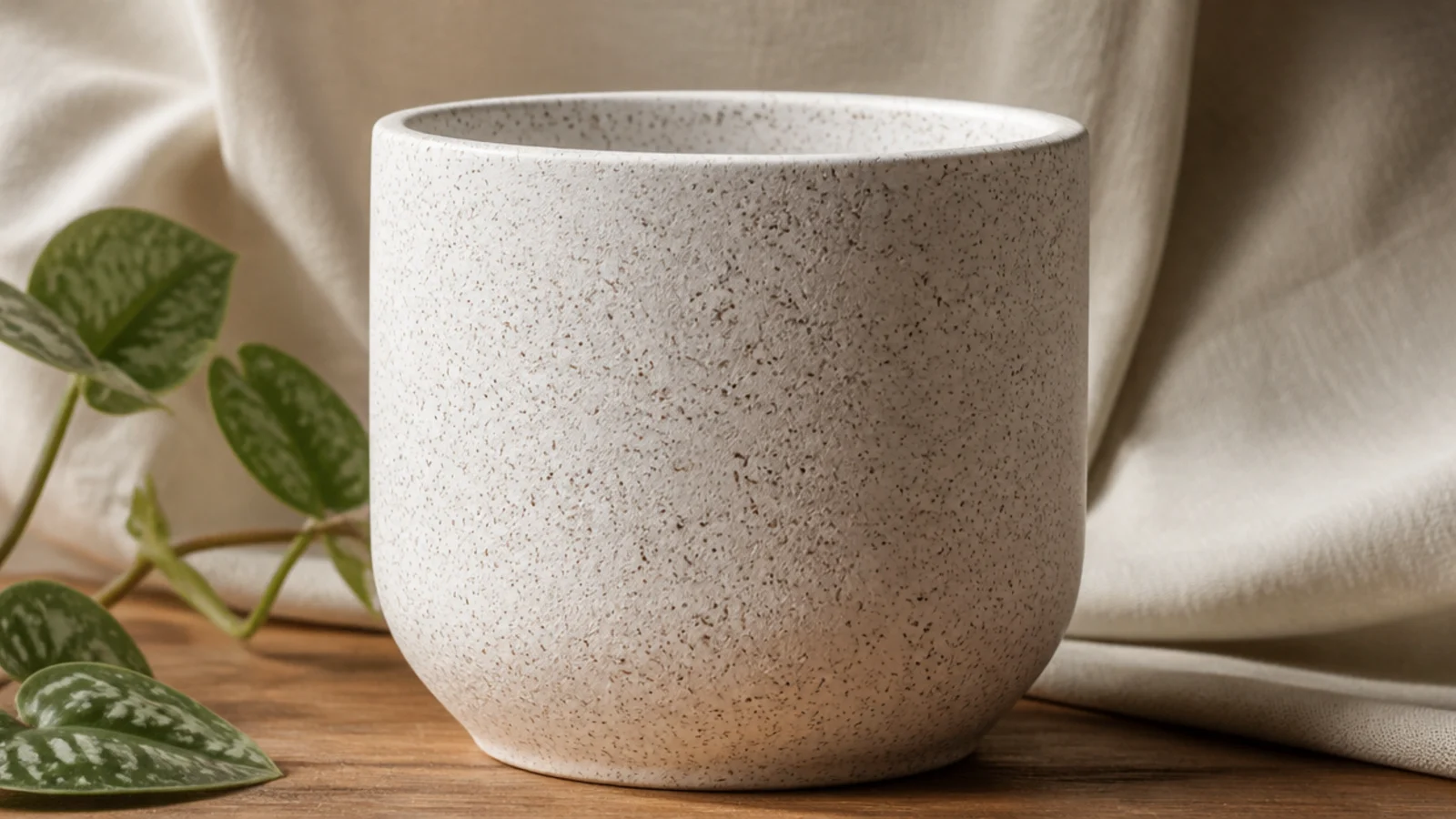 A white pot covered in fine, evenly scattered dark brown speckles, like a stoneware or egg finish.
