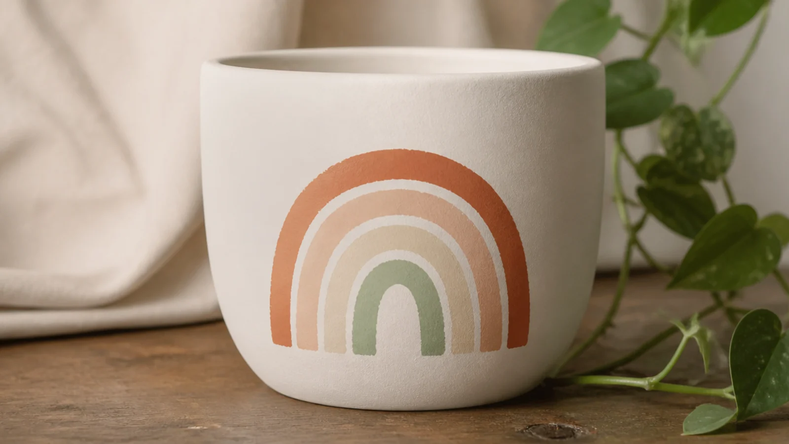 A white pot with a minimalist arch of three or four muted rainbow bands painted on the front-facing side only.