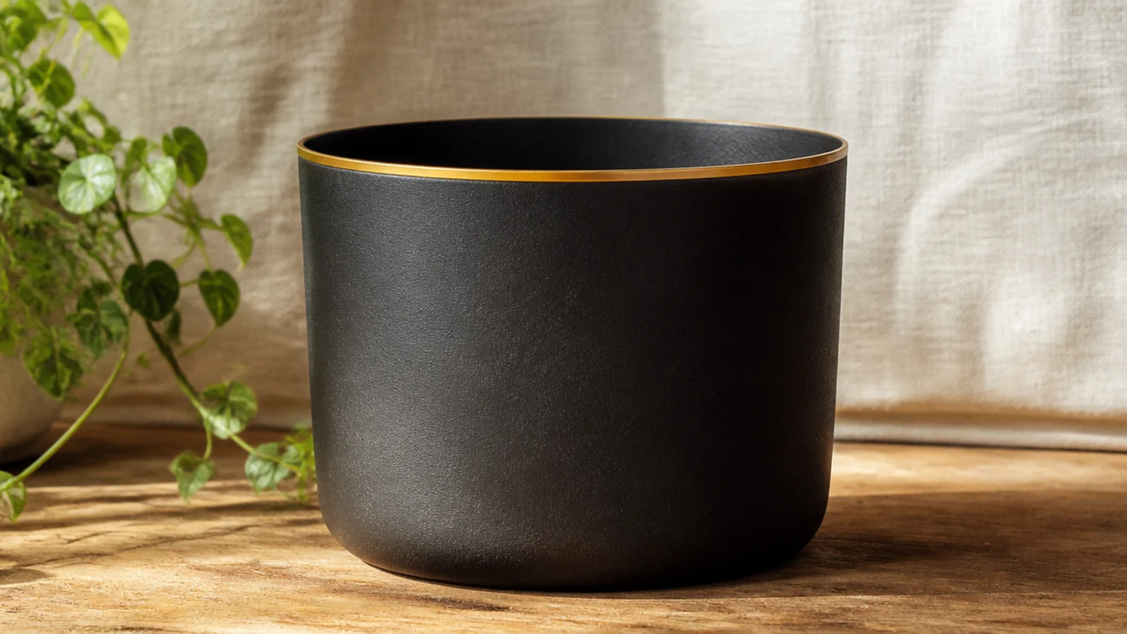 A matte black pot with a thin, crisp metallic gold line painted around the very top edge of the rim.