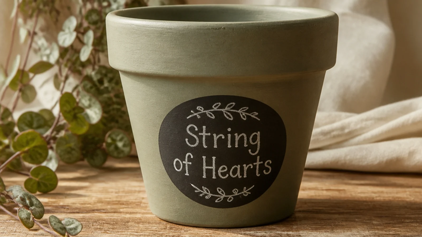 A sage pot with a small oval panel of black chalkboard paint on the front, labeled with a plant name in white chalk lettering.