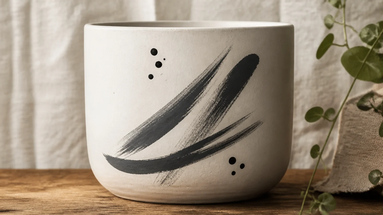 A white pot with a few loose, confident charcoal brushstrokes and small dots arranged asymmetrically on the front.