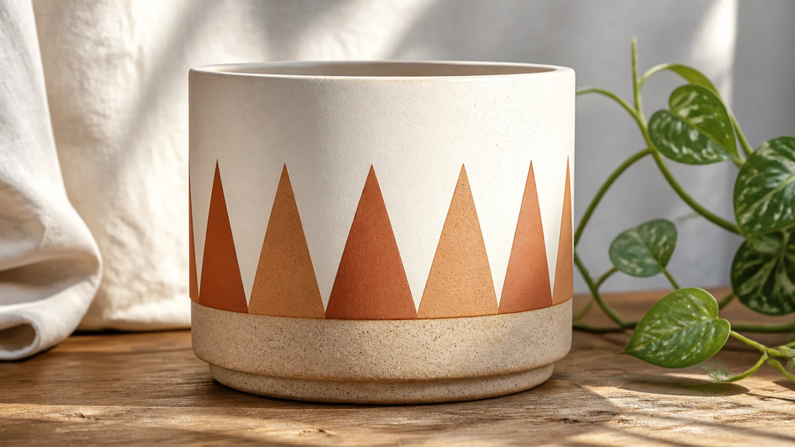 A pot with a clean geometric pattern of alternating painted and bare triangles running around the middle in two earthy colors.