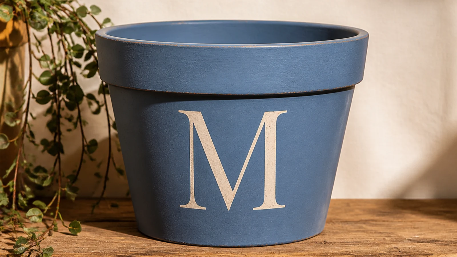 A dusty-blue pot with a single large cream serif initial centered on the front panel.