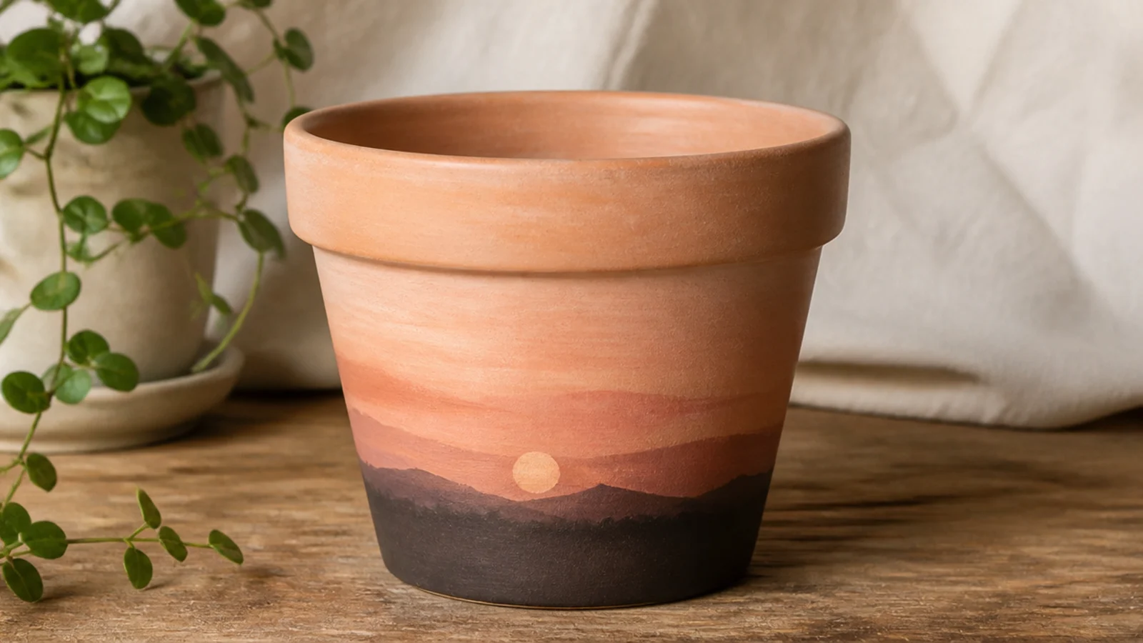 A pot painted with a simple sunset scene, bands of peach and dusty pink sky above a dark hill line on the lower front.