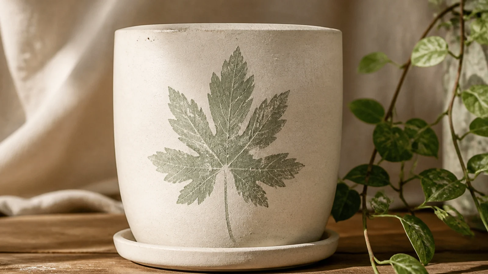 A cream pot with a soft green leaf silhouette stenciled on the front using a real leaf as the mask.