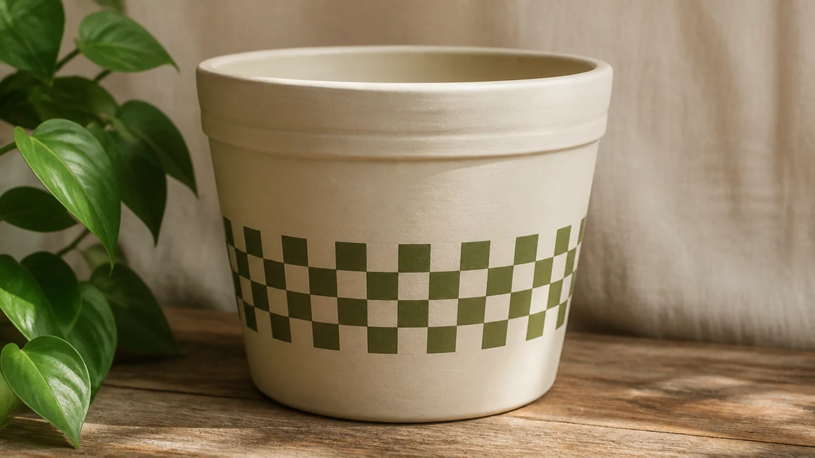 A pot with a single band of small olive-and-cream checkerboard squares wrapping around the middle, the rest left plain.
