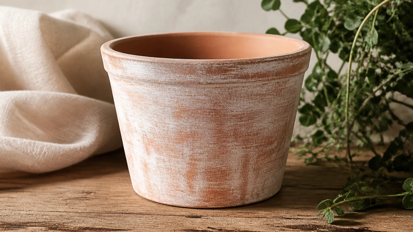 A terracotta pot with a thin, sheer white wash that lets the clay texture and warm tone show through softly.