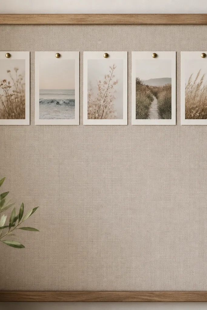 A wooden board wrapped in beige linen, with a row of pinned verse cards in the top third. The cards are bordered with cream paper, and push pins look neat and spaced evenly.