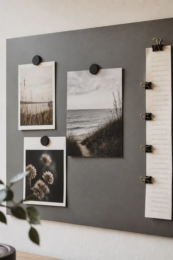 A matte gray magnetic sheet on a wall with small magnets holding a few printed pages. A vertical line of mini binder clips holds a narrow strip of handwritten prayer requests.