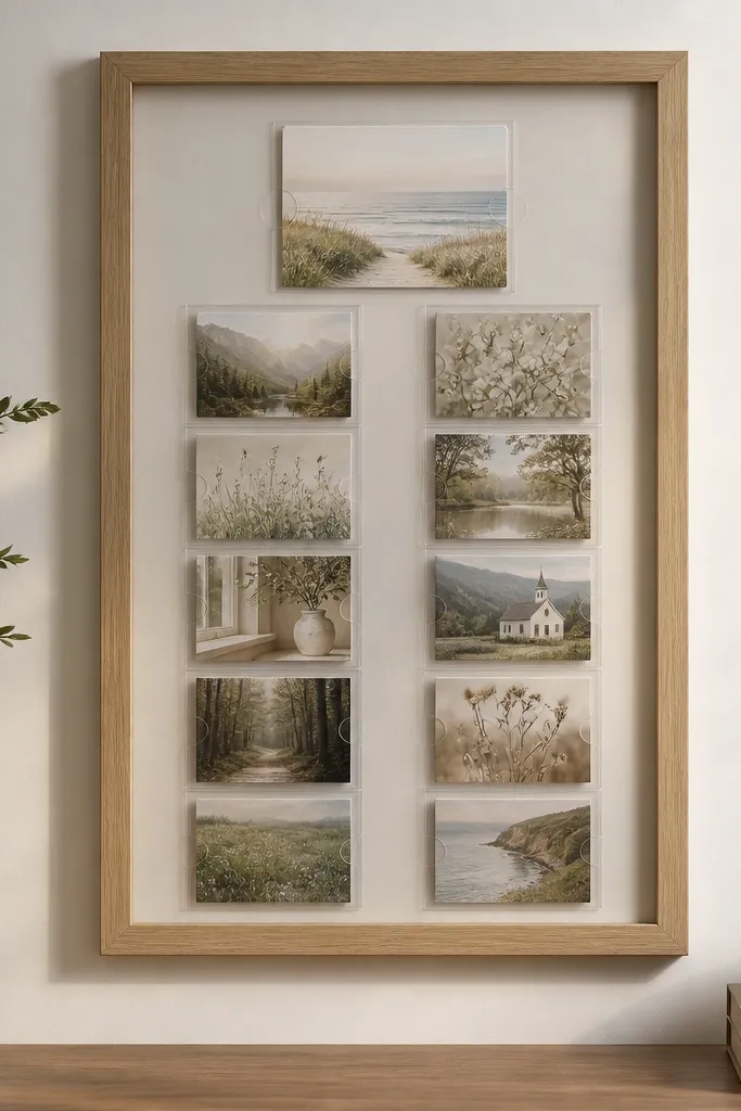 A large wall frame with a light wood finish. Inside are clear plastic sleeves holding small prayer cards, arranged in two columns, with a single printed verse card centered at the top.