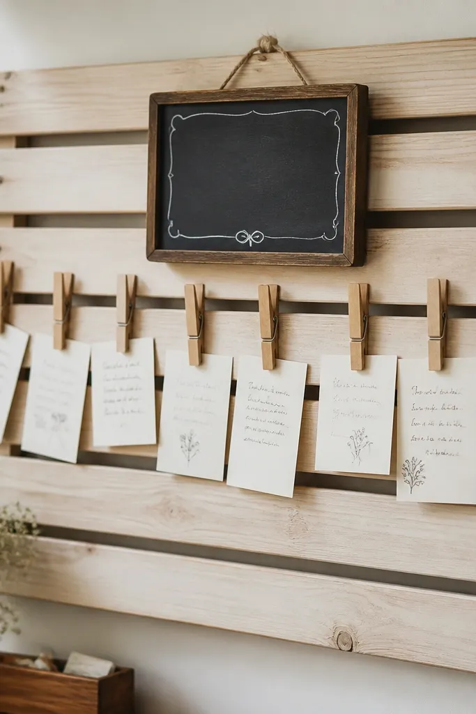 A board made from pale wood slats with a row of clothespins holding small handwritten cards. The cards hang slightly uneven for a casual feel, and a small chalk label says Today's Requests.