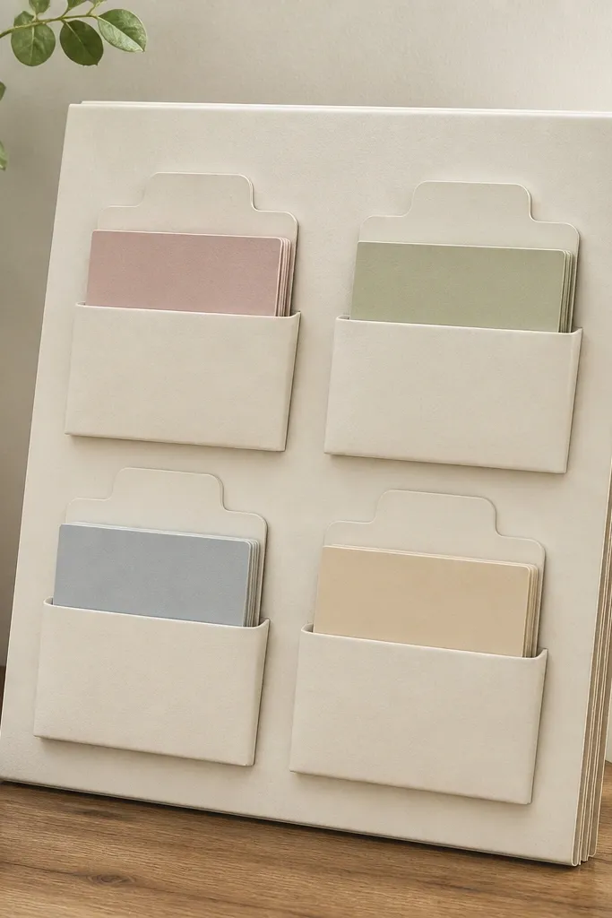 A sturdy board made from stacked cardboard covered in off-white paper. It has tabbed sections labeled Gratitude, Healing, Guidance, and Family, each with a pocket holding small cards.