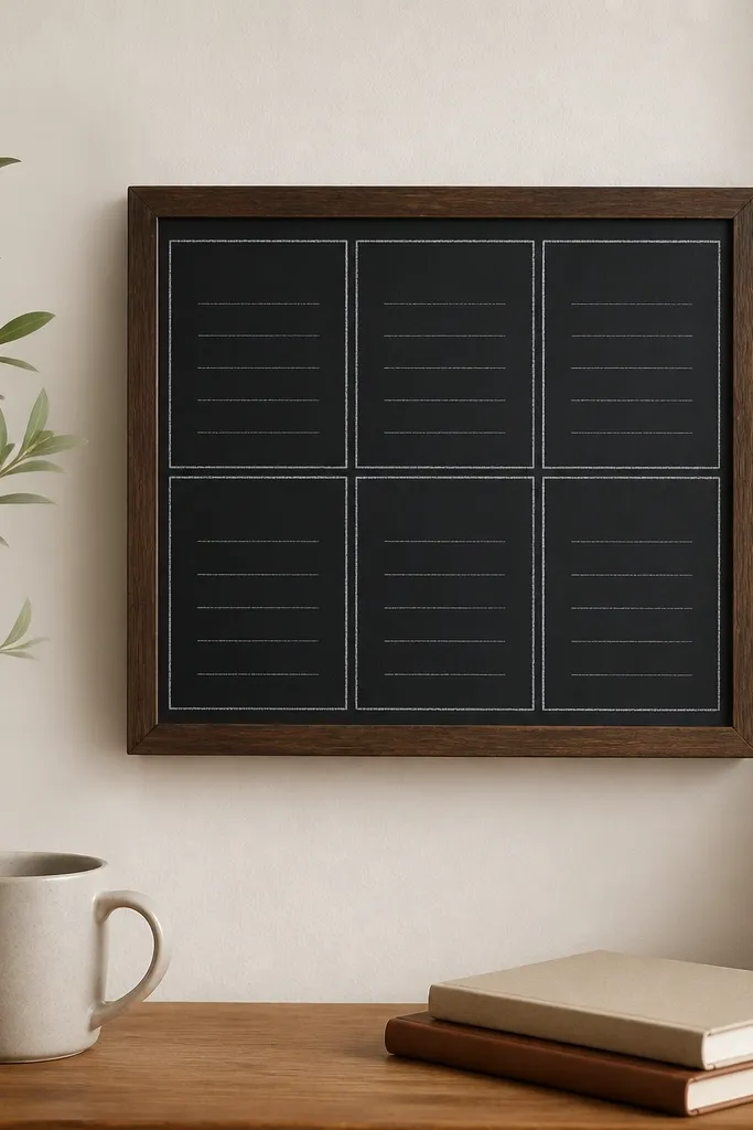 A small wall chalkboard with a grid of six boxes labeled Daily, Family, Work, Health, Gratitude, and Prayer. Each box has faint chalk lines and a clean border.