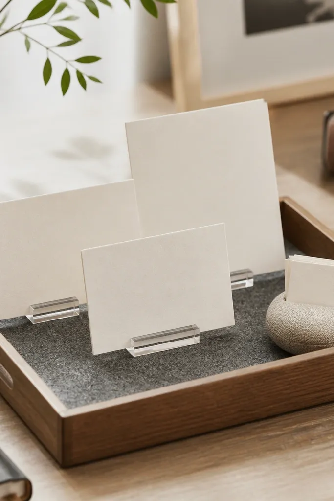 A shallow wooden serving tray on a desk. Inside is a felt backing with standing note cards held by small acrylic stands. A tiny pin cushion holds extra cards.
