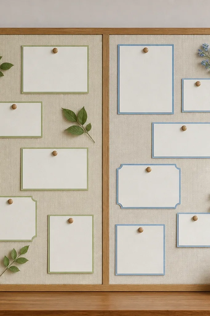 A board divided into two halves: left side has green accents and gratitude cards, right side has blue accents and prayer requests. Each side uses matching card borders and pinned notes.