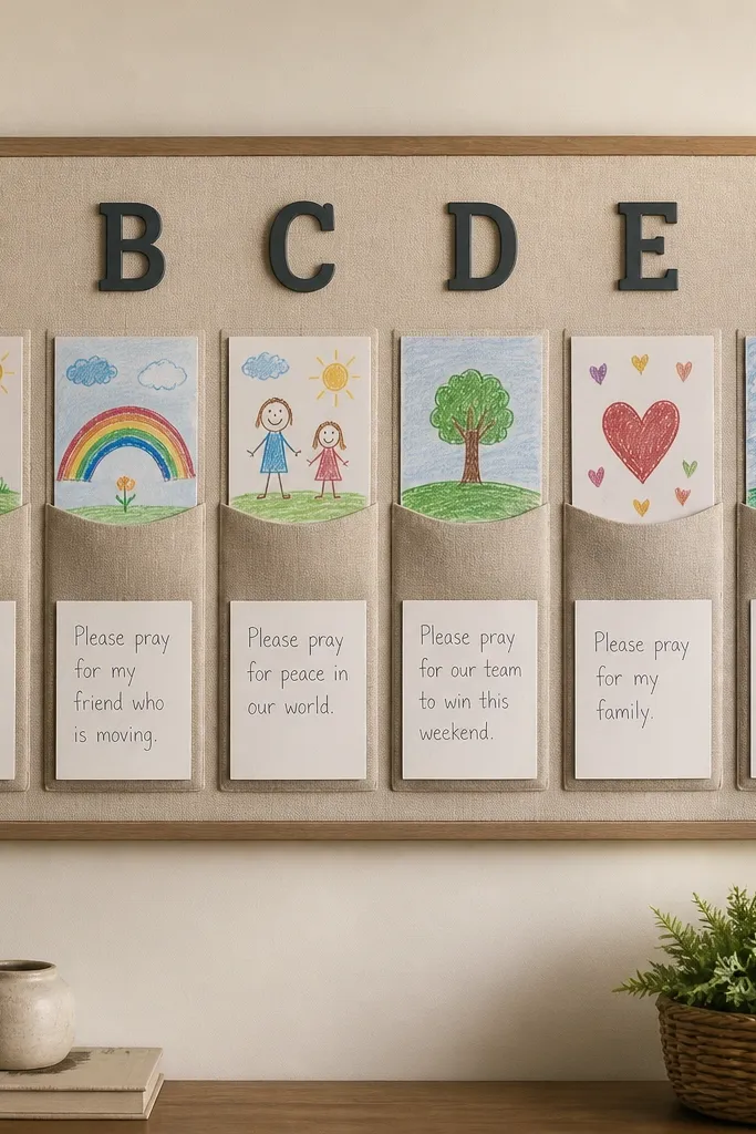 A board with big letters A through F across the top. Under each letter is a pocket holding a child's drawing and a short handwritten prayer request.