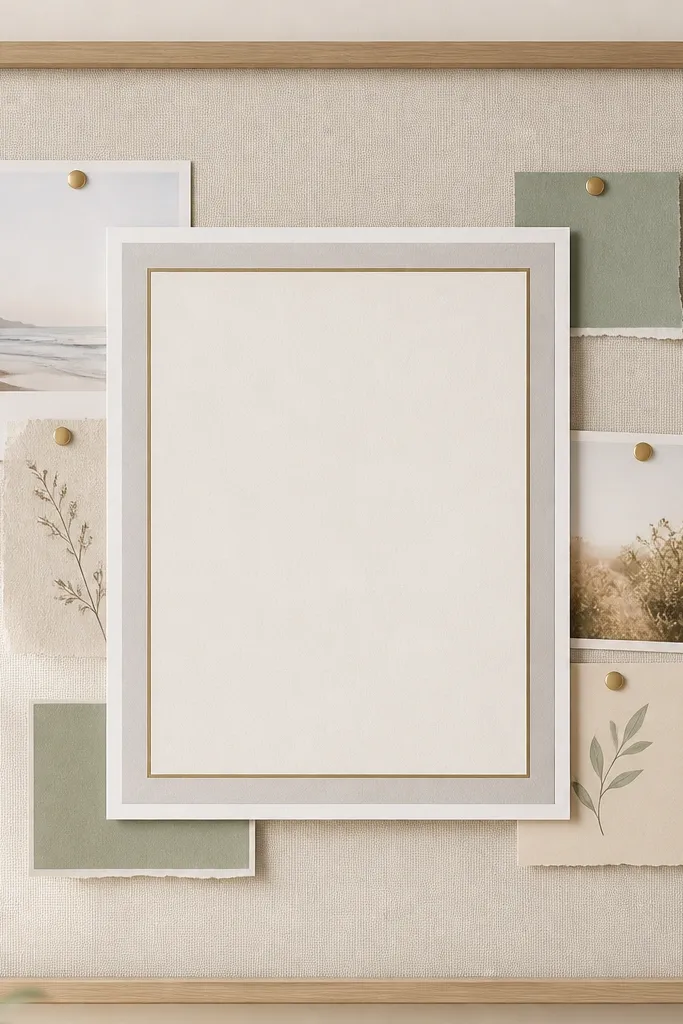 A clean wall board with one large verse card in the center. The verse card has layered paper borders in white, pale gray, and a thin gold line, with smaller cards tucked around it.
