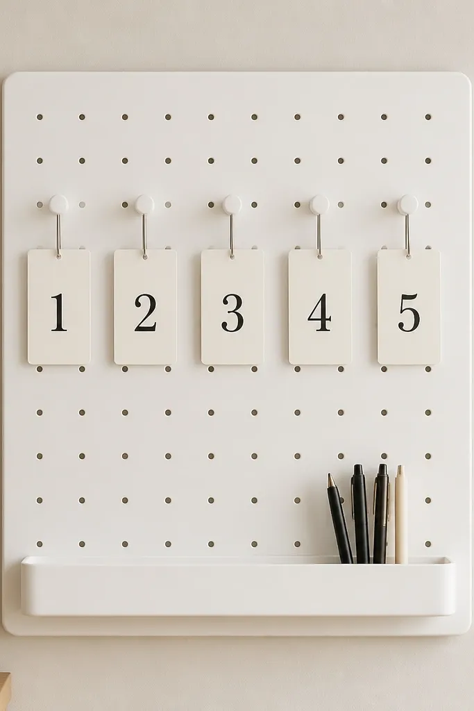 A white pegboard with small hooks holding numbered cards. There's a row of five pegs labeled 1-5 and a bottom area with a small tray for pens.