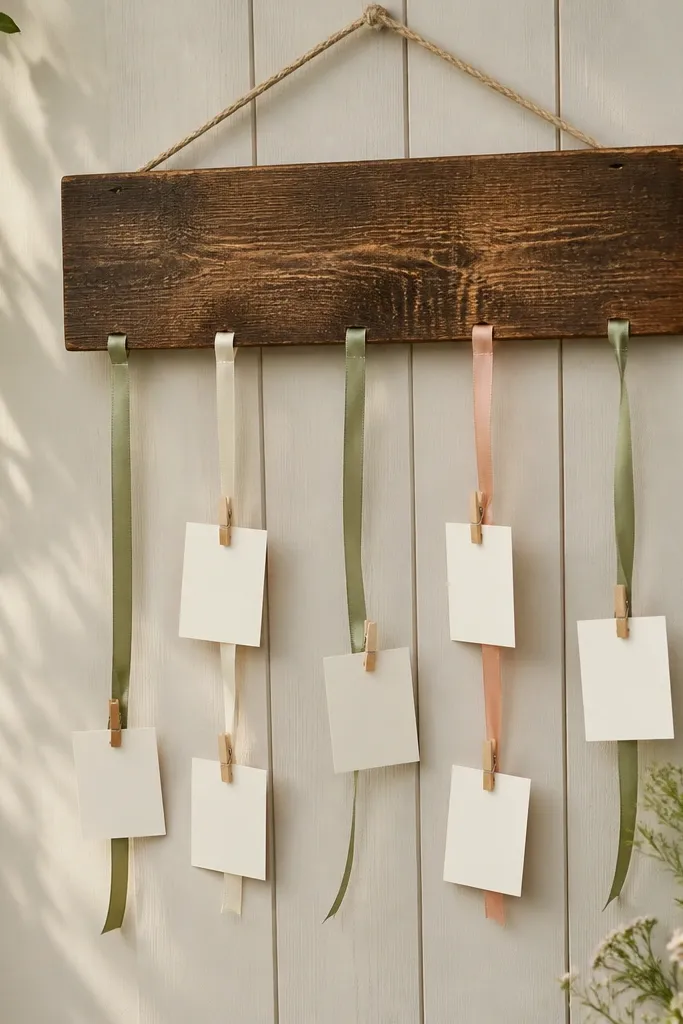 A stained wood sign with a short phrase at the top. From the bottom hang ribbons with small cards clipped to each ribbon, swaying slightly.