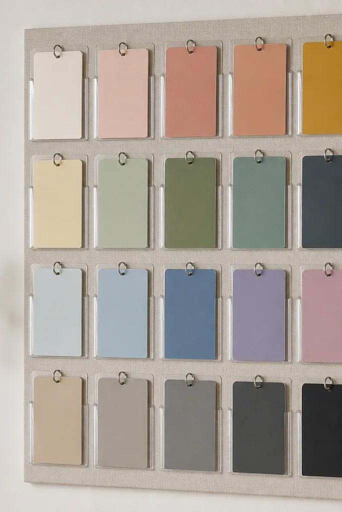 A board with clear index card pockets arranged in a grid. Each pocket holds a laminated card with rounded corners and a small ring binder clip at the top.