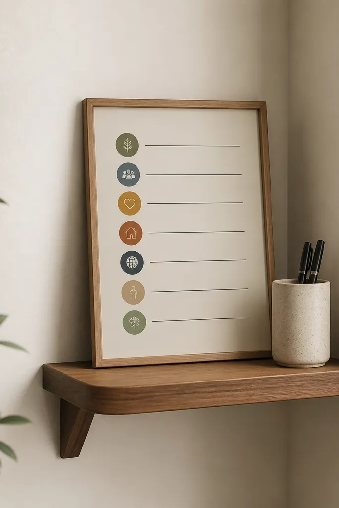 A corner wall setup with a small shelf holding a standing frame. The frame contains a list of prayer categories and a small cup for pens.