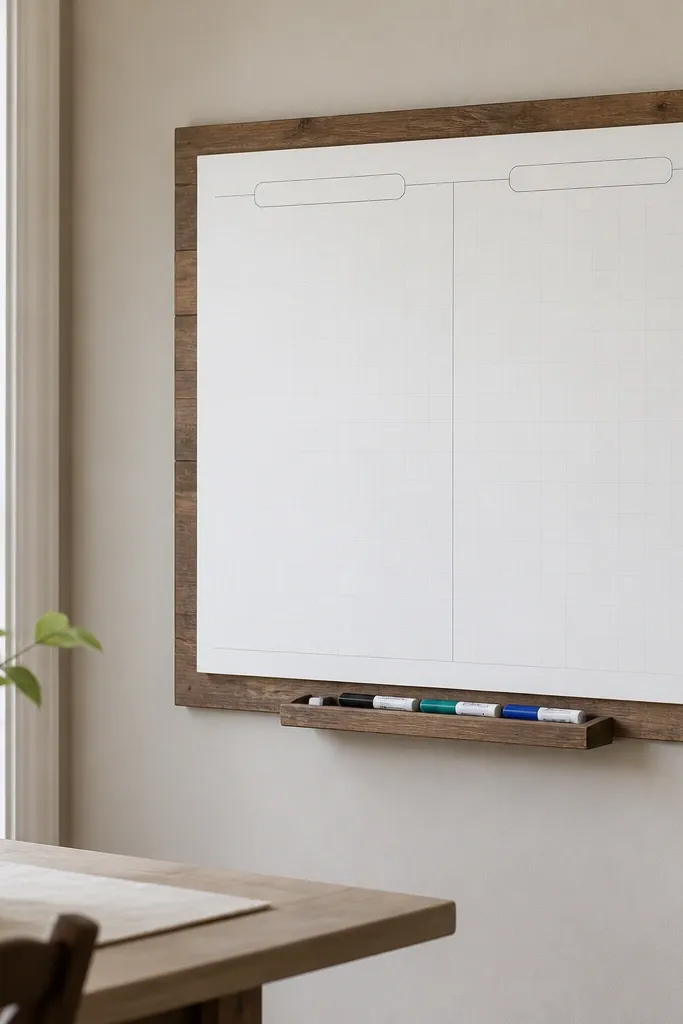 A wooden panel painted with smooth white dry-erase paint. It has a faint grid and two labels: Prayer Requests and Gratitude, with a small tray holding markers.