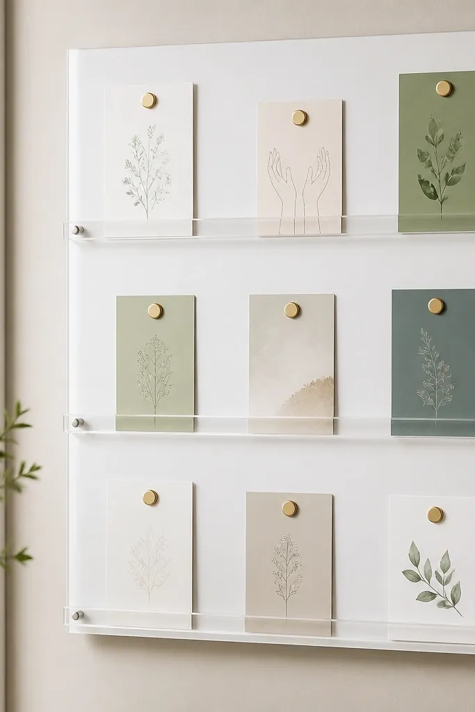 A board with clear acrylic strips dividing sections like Requests, Healing, and Gratitude. Each section has small cards held by mini magnets on a white backing.
