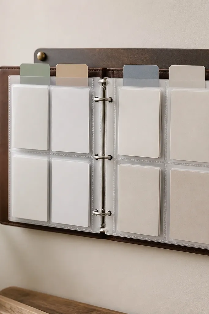 A ring binder laid open on a wall mount with flip tabs labeled Praise, Requests, Intercession, and Gratitude. Inside pages are clear sleeves holding cards.