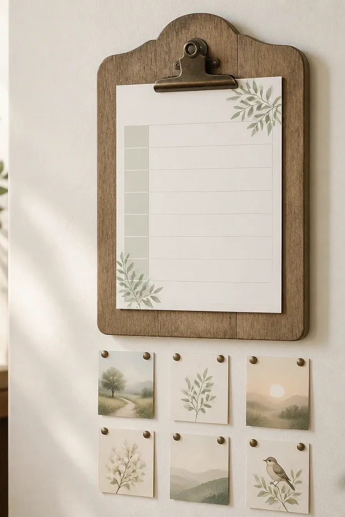 A decorative wooden clipboard mounted on the wall with a weekly prayer sheet clipped at the top. Below it are small pinboard cards attached with two pins each.