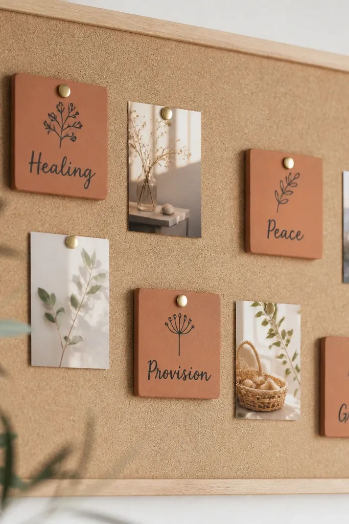 A board covered with light cork where small terracotta tiles are pinned. Each tile has a handwritten label like Healing, Peace, and Provision, and tiny cards sit beside them.