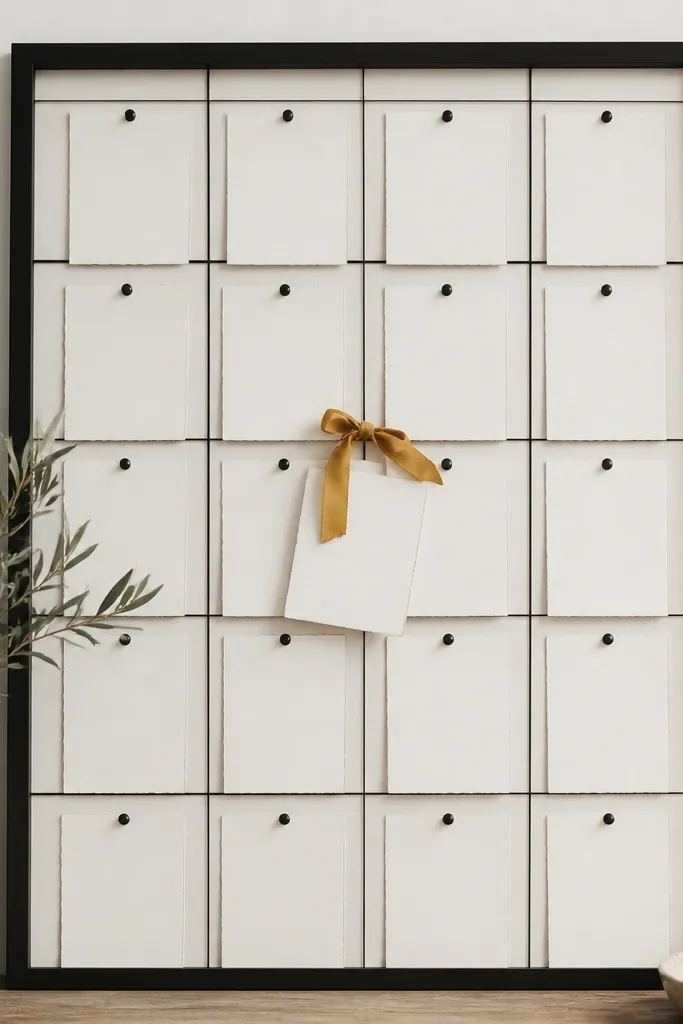 A mostly black and white board with thin lines. It has a grid of prayer cards in white with black text, and one accent color ribbon in mustard holding a single highlighted card.