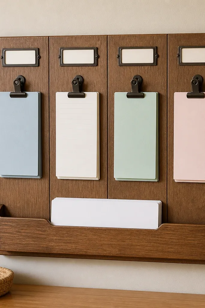 A board with four vertical columns, each labeled with a family member's name tag. Each column has a stack of cards held by small clips, with a shared section at the bottom for family requests.