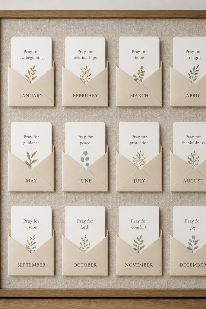 A board with twelve small envelopes arranged in a 3x4 grid. Each envelope has a month label and a small card sticking out with a short prayer theme.
