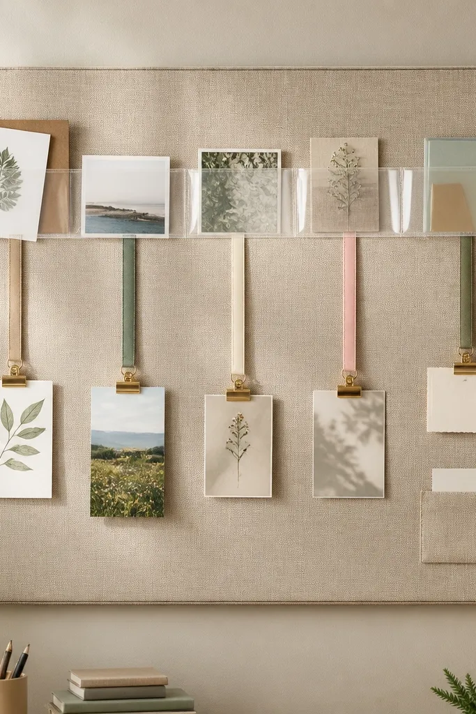 A fabric-backed board with a horizontal clear pocket strip running across the top. Under it, ribbon cords hang with small wall clips holding cards, and a tiny card says Week Focus.