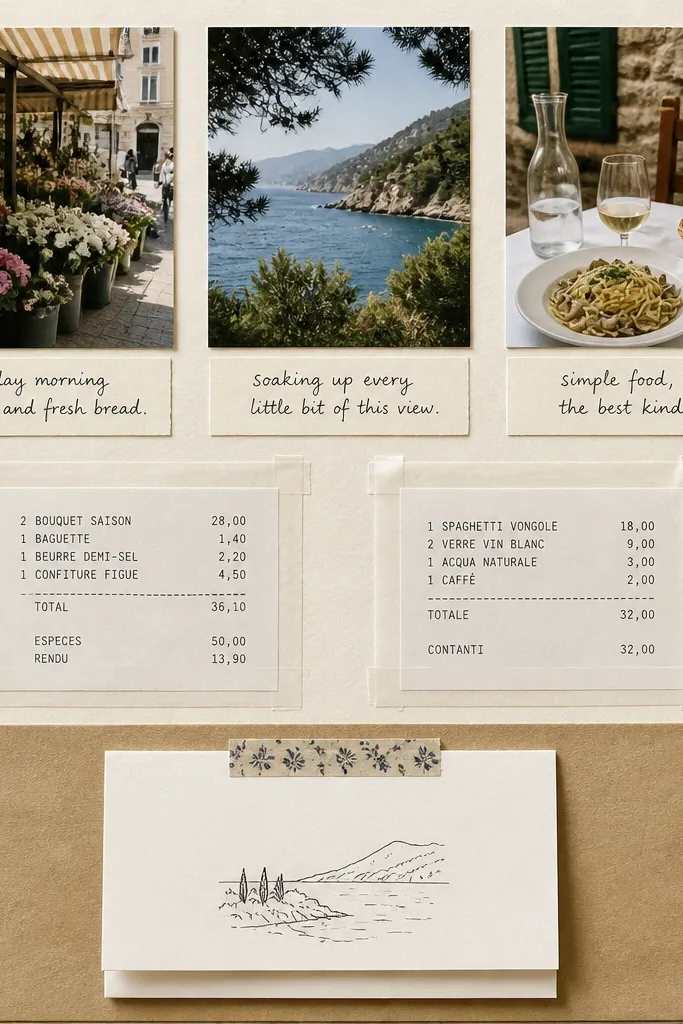 A scrapbook page split into a 3x3 grid: three 4x6 photos across the top row, each with a short handwritten caption strip under it. In the middle are two small printed receipts tucked behind clear tape borders. The bottom row has a kraft paper background with a single folded note card centered, held by a thin washi tape strip.
