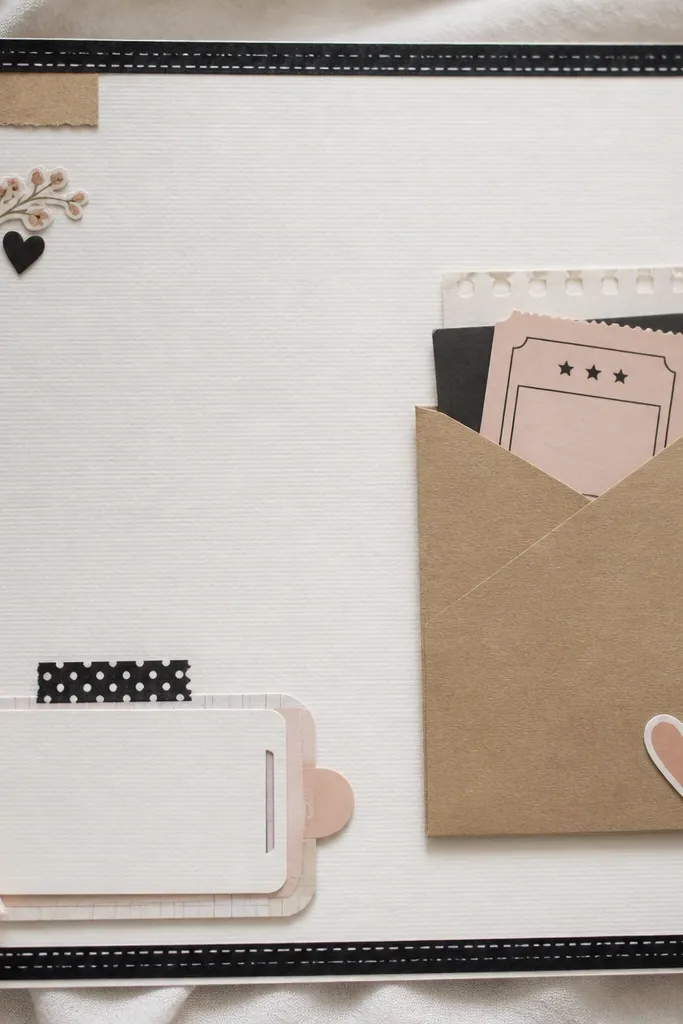 A scrapbook page with a stitched-looking border made from black washi tape. On the right side there's a kraft envelope pocket with a small heart icon sticker. A movie ticket is visible inside the pocket. A layered pull-tab note sits at the bottom left with a small satin ribbon tied around it.