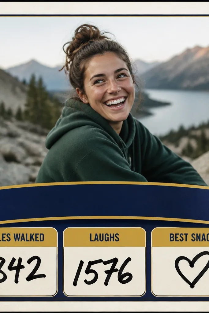 A page designed like a sports trading card: a big rounded rectangle photo at the top, a team-color banner across the middle, and three smaller stat blocks with headings like "Miles Walked," "Laughs," and "Best Snack." The headings are in uppercase, and the stat numbers are written in thick black marker.