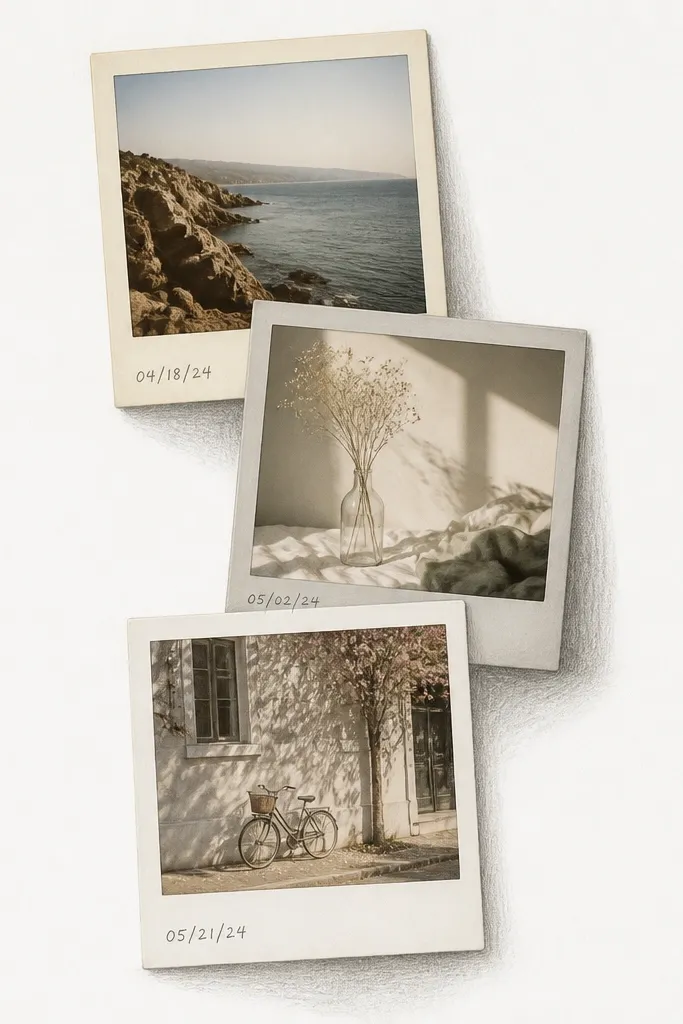 A white page with three "Polaroid" style photo frames stacked diagonally. Each frame has a slightly different border shade: cream, light gray, and off-white. The date is written in small handwriting at the bottom of each frame, and thin shadows look created with gray pencil behind the photos.