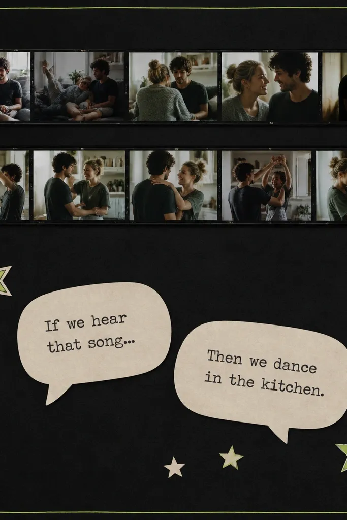 A dark charcoal page with a thin neon-green border. Two photo strips run horizontally across the top. In the center there are two speech-bubble cutouts: left bubble reads "If we hear that song..." right bubble reads "Then we dance in the kitchen." Small sticker stars surround the bubbles.