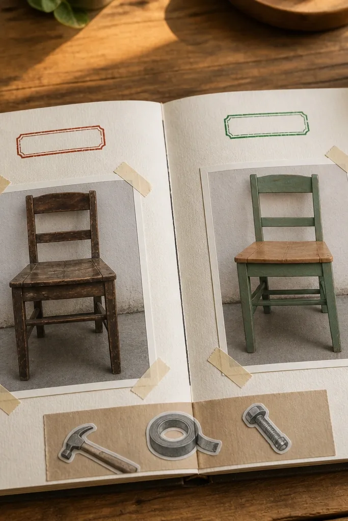 A page split down the middle with a vertical divider line. Left side shows a "before" photo with a red X stamp. Right side shows an "after" photo with a green check stamp. Between the photos is a narrow column of tool icons and a short list of materials.