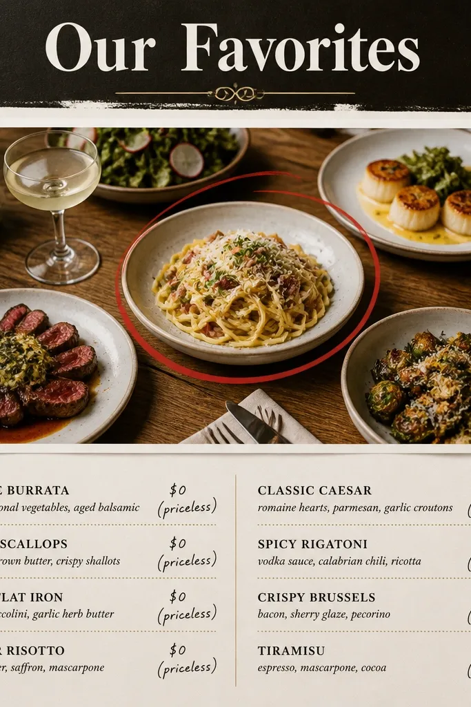 A page styled like a restaurant menu with a black header reading "Our Favorites." Two columns list dishes with handwritten prices like "$0 (priceless)." Small cutout food icons decorate the margins. A 4x6 photo sits under the header with a red circle around a specific dish.