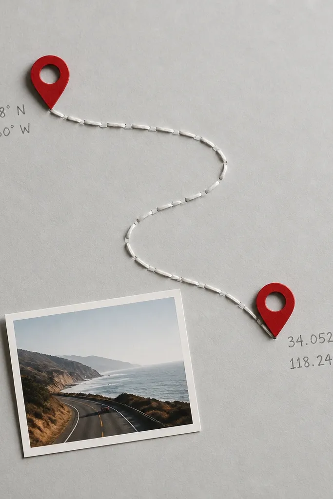 A light gray page with two red map pin icons. A thread line runs between them in a curved path, stitched with visible white thread using a simple hand-stitch. A small 4x6 photo sits near the bottom, and coordinates are written in pencil beside the pins.