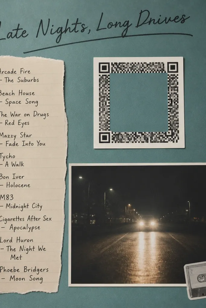 A teal page with a handwritten playlist title across the top. A strip of song titles is typed or handwritten in a clean list. In the center there's a square sticker area with a QR-style border. A 4x6 photo of headlights at night sits below the list, with a small cassette tape icon in the corner.