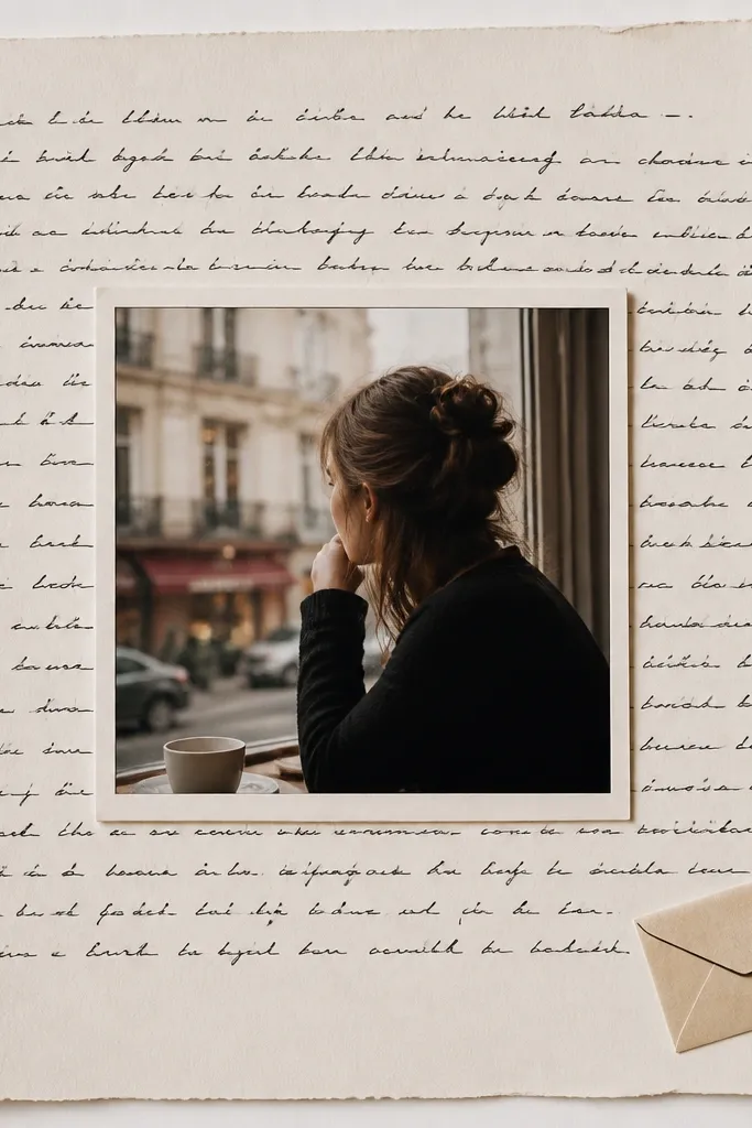 A cream page with a framed photo in the center. Around it is a handwritten letter in neat lines. The handwriting is in black ink, with two small red heart dots marking where the best lines are. A small envelope sticker sits in the bottom corner.