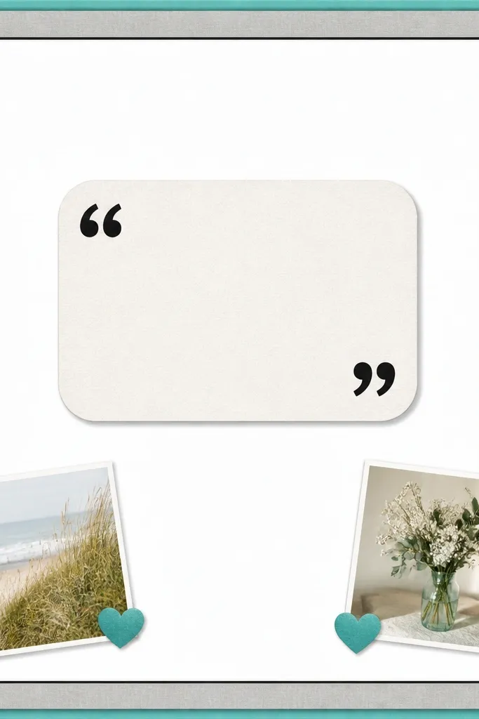 A white page with a layered border: a thin teal strip, a wider gray strip, then a thin black line. In the center is a cutout quote in bold lettering on a rounded rectangle. Two small photos sit at the bottom corners, each with a tiny teal heart sticker.